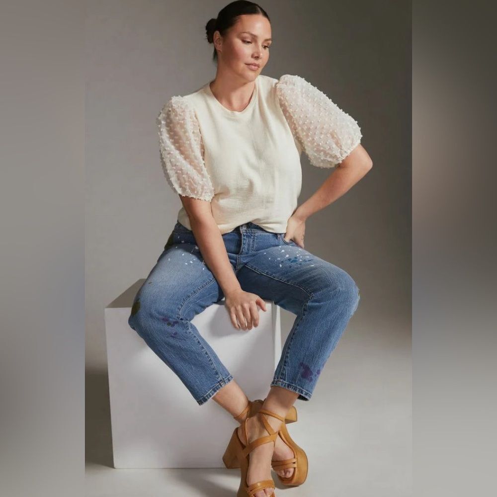 Anthropologie Maeve ivory puff sheer sleeve woven top
